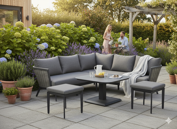 ZESTAW MEBLI ALUMINIOWYCH "TALLINN" (SOFA NAROŻNA + 2 PUFY + STOLIK Z REGULOWANĄ WYS.) SZARY + SZARE PODUSZKI