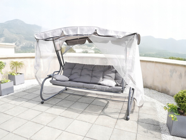 HUŚTAWKA OGRODOWA Z MOSKITIERĄ 220 x 130 x 175 CM SZARA Z FUNKCJĄ LEŻANKI *0954