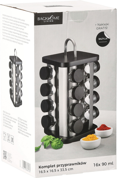 PRZYPRAWNIK KWADRATOWY 16,5 x 16,5 x 33,5 CM Z RĄCZKĄ 16 SŁOICZKÓW CZARNO-SREBRNY *9165