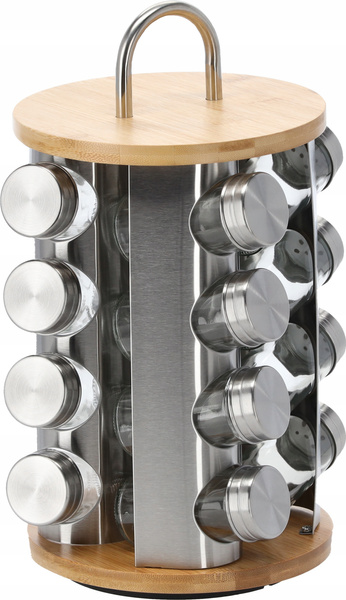 PRZYPRAWNIK OKRĄGŁY 18 x 33 CM Z RĄCZKĄ 16 SŁOICZKÓW BAMBUSOWO-SREBRNY *9172