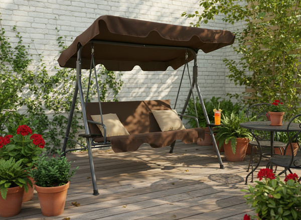 HUŚTAWKA OGRODOWA A-TYPE 170 x 118 x 153 cm BRĄZOWA Z BEŻOWYMI POD. I PODSTAWKAMI NA KUBEK