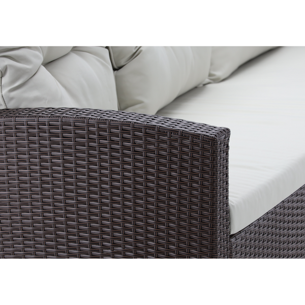 DUŻY ZESTAW MEBLI OGRODOWYCH (SOFA, 2 FOTELE, 2 PUFY, STOLIK) - BRĄZOWY, PODUSZKI - BEŻOWY