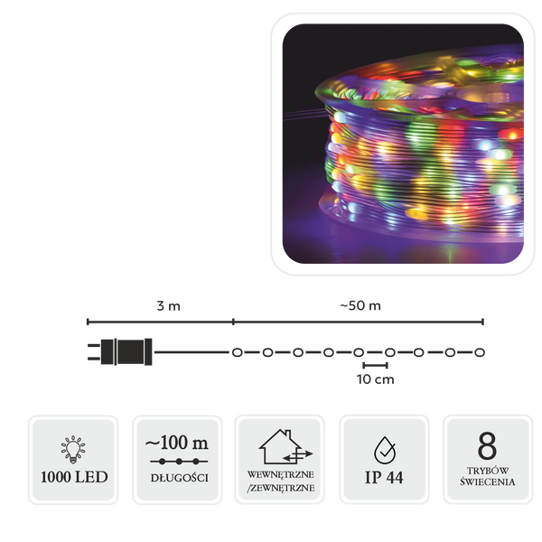 LAMPKI LED MICRO NA SZPULI 1000L MULTIKOLOR, DŁ. 3 + 100 M *8578