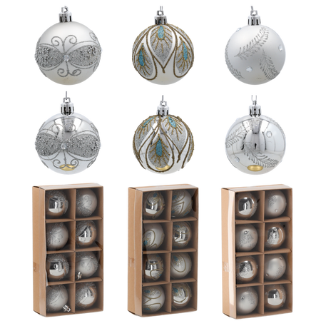 Set de 8 globuri de Crăciun argintii, 6 cm, mix de modele *5775