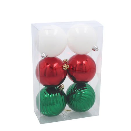 SET OF 6 BAUBLES 8 CM RED/GREEN/WHITE