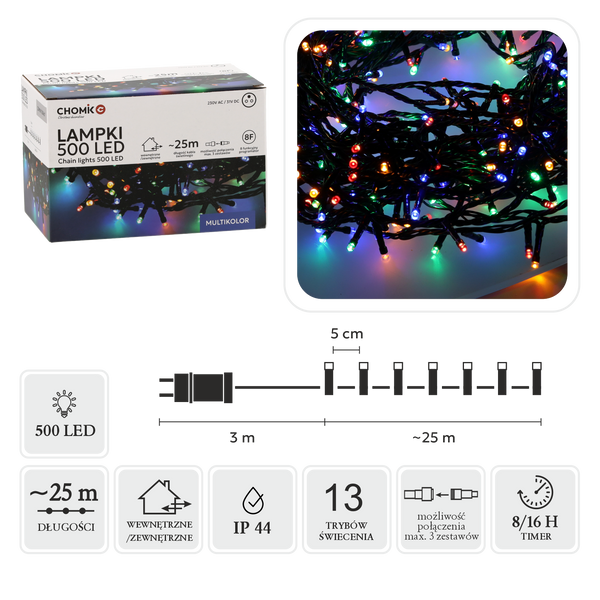 LAMPKI LED 500L MULTIKOLOR, DŁ. 3 + 25 M WEWN/ZEWN *9584