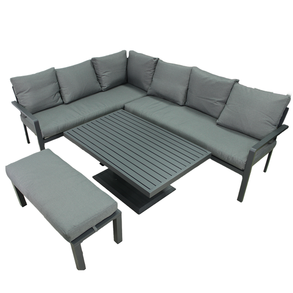 SET DE MOBILĂ DIN ALUMINIU (CANAPEA PE COLȚ + PUFA + MESA) GRI + PERNE GRI *9422