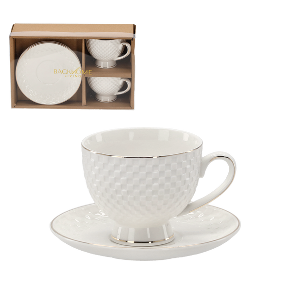 KPL. 2 CĂNI PRESATE CU FARFURIE 250 ML CU BENZI DECORATIVE AURII *4115