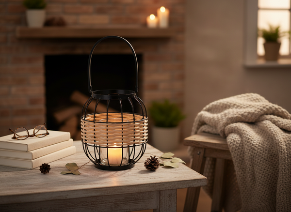 LAMPION METALOWO - DREWNIANY H 20/36 Z WKŁADEM SZKLANYM