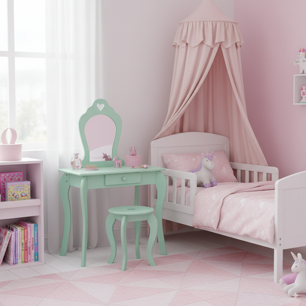 MAŁA TOALETKA KOSMETYCZNA MIĘTOWA Z LUSTREM + TABORET *3549