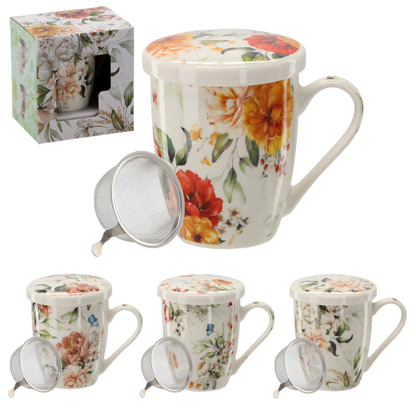 PORCELAIN MUG WITH INFUSER AND LID 340 ML ASSORTED FLORAL PATTERNS