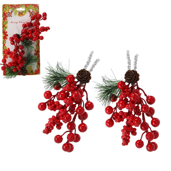 SET OF 2 DECORATIVE BRANCHES 12 X 14 CM WITH MOUNTAIN ASH AND CONES