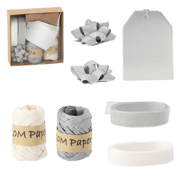 SET DE ÎMPACHETARE A CADOURILOR DE CRĂCIUN - ARGINTIE / ALBĂ 11 ELEMENTE *7588