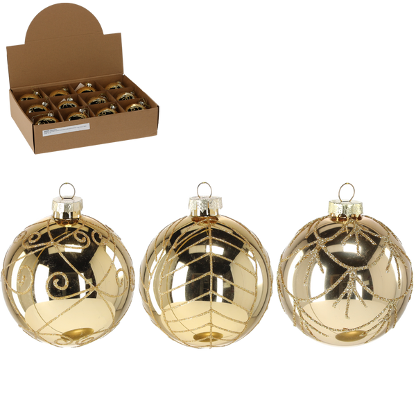 GLASS ORNAMENT - GOLD DECORATED MIXED PATTERNS 8 CM