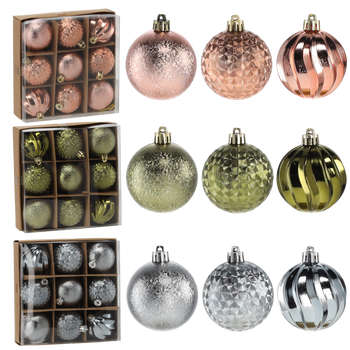 SET OF 9 BAUBLES 6 CM OLIVE/COPPER/GRAPHITE
