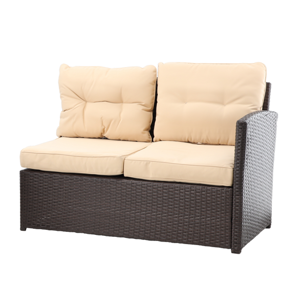 SET OF GARDEN FURNITURE (CORNER SOFA, 2 STOOLS, TABLE) - BROWN, CUSHIONS - BRIGHT