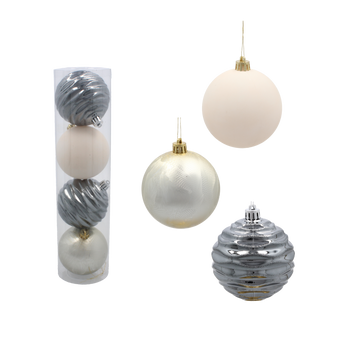 SET OF 4 ORNAMENTS 8 CM IN TUBE CHAMPAGNE/GRAY/WHITE