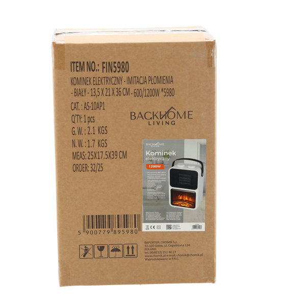 ELEKTRICKÝ KAMEN - IMITACE PLAMENE - BÍLÝ - 13,5 x 21 x 36 CM - 600/1200W