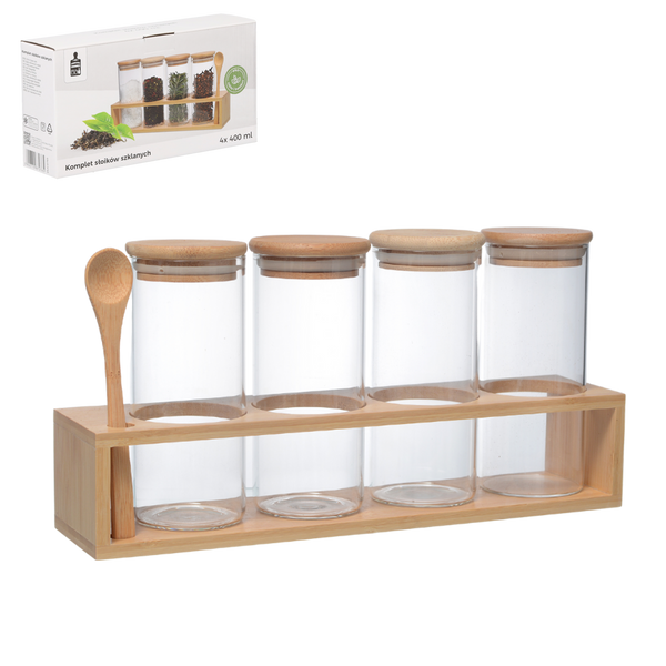 SET DE 4 BORCANE DIN GEAM DE 400 ML CU CAPACE DIN Lemn PE O BAZA DIN Lemn CU O Lingură *0765