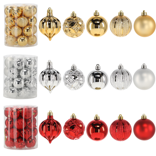 SET OF 26 BAUBLES 6 CM RED/GOLD/SILVER