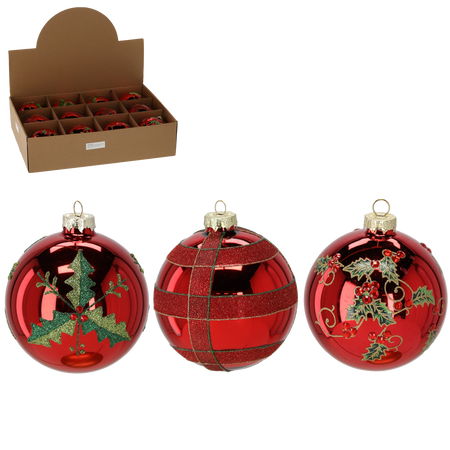 GLASS ORNAMENT - RED WITH HOLLY MIXED PATTERNS