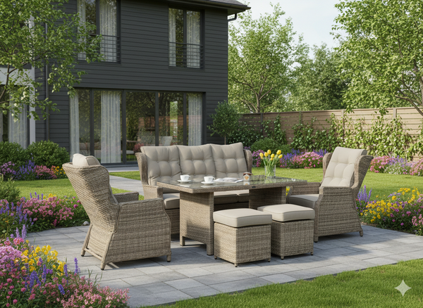 ZESTAW MEBLI OGRODOWYCH ALUMINIOWYCH RATTANOWYCH (SOFA + STÓŁ + 2 FOTELE + 2 PUFY) BRĄZOWY + BEŻOWE PODUSZKI