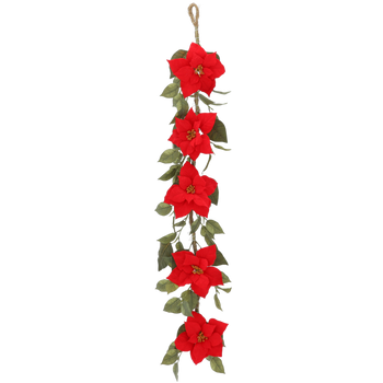 CHRISTMAS DECORATION - ARTIFICIAL GARLAND 148 CM WITH 5 FLOWERS RED