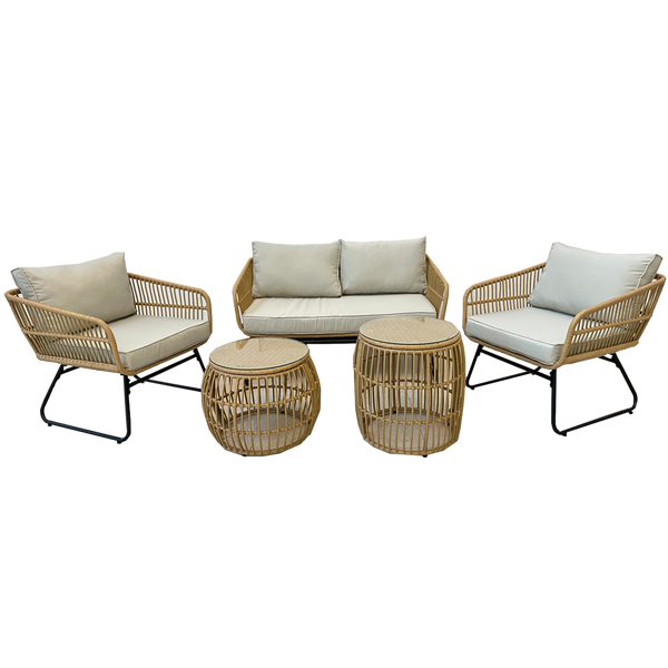 ZESTAW MEBLI OGRODOWYCH (SOFA, 2 KRZESŁA, 2 STOLIKI) - BRĄZOWY, PODUSZKI - SZARY