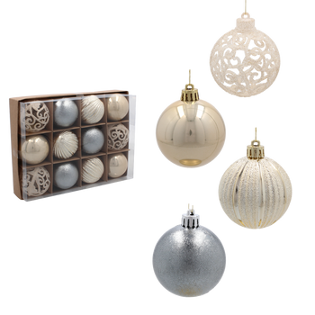 SET OF 12 ORNAMENTS 6 CM CHAMPAGNE/GRAY/WHITE