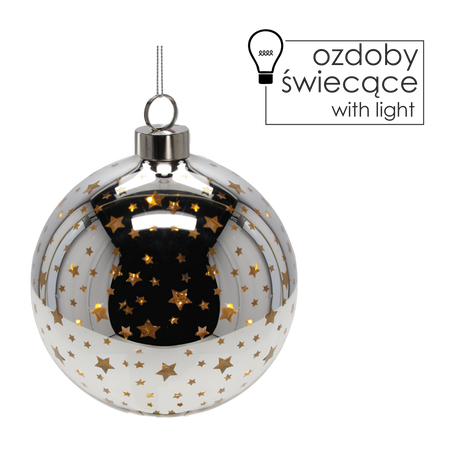 GLASS CHRISTMAS ORNAMENT 10 CM LED SILVER BAUBLE WITH STARS