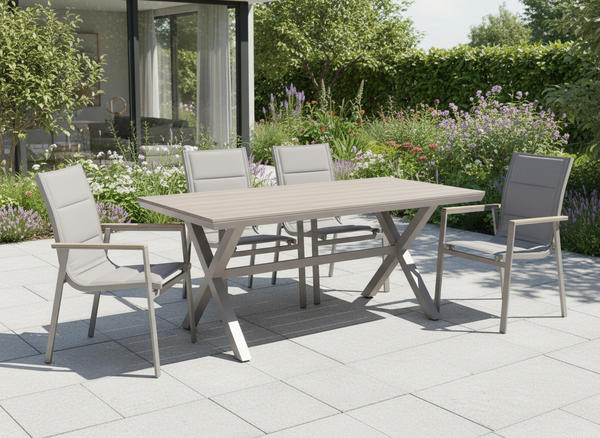 ALUMINIOWY STÓŁ OGRODOWY Z BLATEM POLYWOOD 180 x 100 x 75 CM BEŻOWY