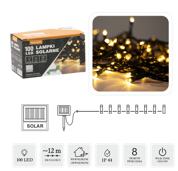 LAMPKI LED SOLARNE 100L CIEPŁY BIAŁY, DŁ. 2 + 10 M *9904