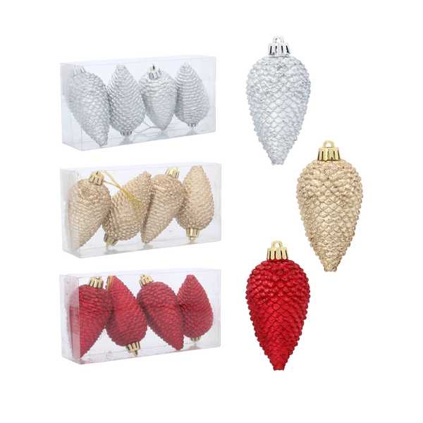 KPL. 4 OZDÓB VÁNOČNÍCH ŠIŠEK 8 CM ČERVENÁ/ZLATÁ/STŘÍBRNÁ *3188