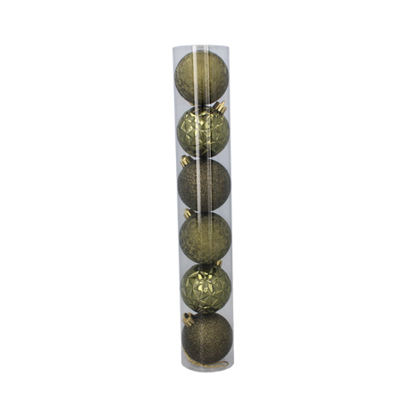 SET OF 6 BAUBLES 6 CM OLIVE/COPPER/GRAPHITE MIX DESIGNS