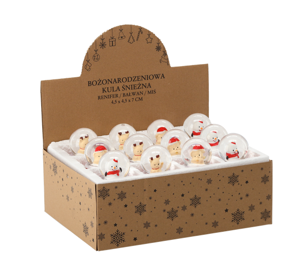 CHRISTMAS SNOW GLOBE - REINDEER / SNOWMAN / BEAR 4.5 x 7 CM disp=12pcs *5676