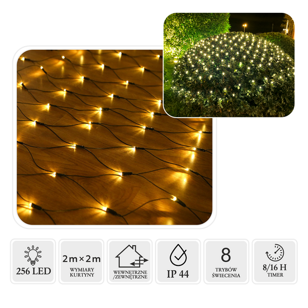 KURTYNA SIATKA LED 256L CIEPŁY BIAŁY 2 x 2 M WEWN/ZEWN *1681