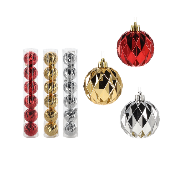 SET OF 6 SHINY BAUBLES 6 CM RED/GOLD/SILVER