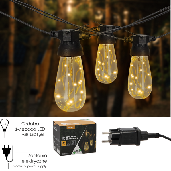 ZÁHRADNÝ VENIEC 12 V DĹŽKA 3 + 7 M KÁBEL 10 LED TEPLÁ BIELA S ÚCHYTMI *1274