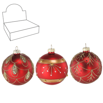 GLASS ORNAMENT - RED 8 CM GOLD DECORATIONS MIXED PATTERNS