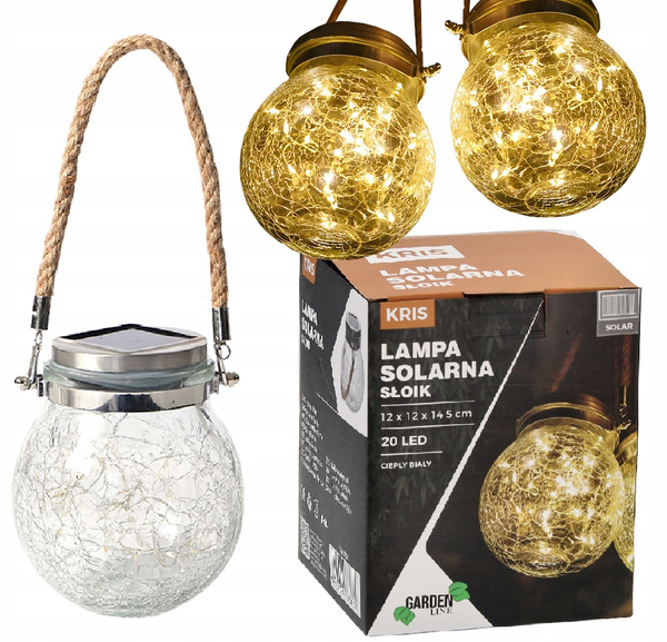 LAMPA SOLARNA - SŁOIK 12 x 12 x 14,5 CM KRIS 20 LED CIEPŁY BIAŁY *3682