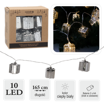 LED REŤAZEC S STRIEBORNÝMI DARČEKMI 10 L TEPLÁ BIELA *0962
