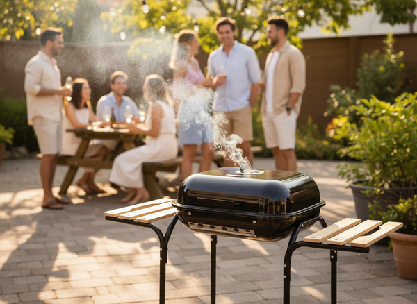 AMERICAN CHARCOAL BBQ WITH SIDE SHELVES AND WHEELS 96 x 45 x 75 CM