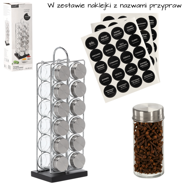 PRZYPRAWNIK PROSTOKĄTNY 11 x 10 x 36,5 CM Z RĄCZKĄ 12 SŁOICZKÓW SREBRNO-CZARNY *9196