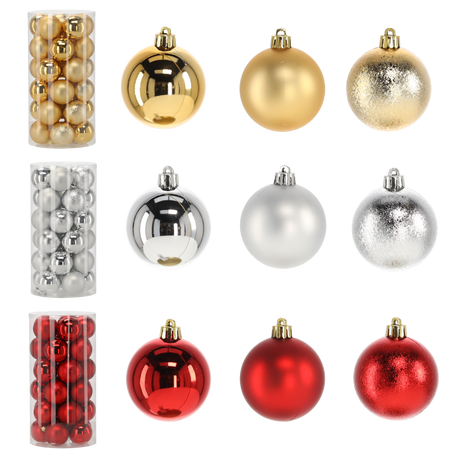 SET OF 30 BAUBLES 6 CM RED/GOLD/SILVER