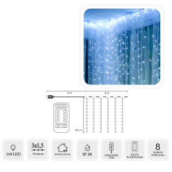 KURTYNA ŚWIETLNA DRUCIKI 150L ZIMNY BIAŁY, 3 x 1,5 M, USB, Z PILOTEM *8493