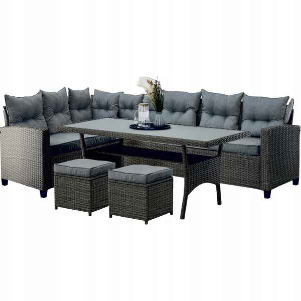 SET DE MOBILIER PENTRU GRĂDINĂ (CANAPEA PE COLȚ, 2 PUFURI, MESA) - GRI, PERNE - GRI *3453