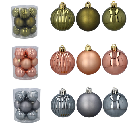 SET OF 12 BAUBLES 5 CM OLIVE/COPPER/GRAPHITE MIX DESIGNS