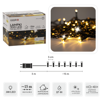LED SVETLÁ 300L TEPLÁ BIELA + STUDENÝ FLASH, DĹ. 3 + 15 M VNÚTR/OVN.
