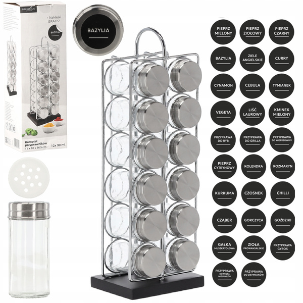 PRZYPRAWNIK PROSTOKĄTNY 11 x 10 x 36,5 CM Z RĄCZKĄ 12 SŁOICZKÓW SREBRNO-CZARNY *9196