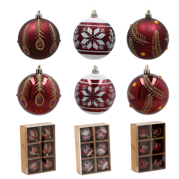 SET OF 6 CHRISTMAS BAUBLES DARK RED 8 CM